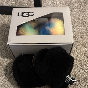 UGG Black Slippers with Multicolor Pom Poms